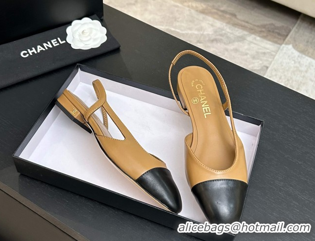 Luxurious Chanel Lambskin Leather Slingbacks Flat G31319 Beige/Black 2026
