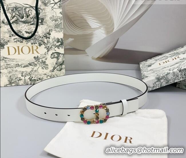 Best Quality Dior Calfskin Leather Belt 3cm with Strass CD Buckle 0108 White/Multicolor 2025
