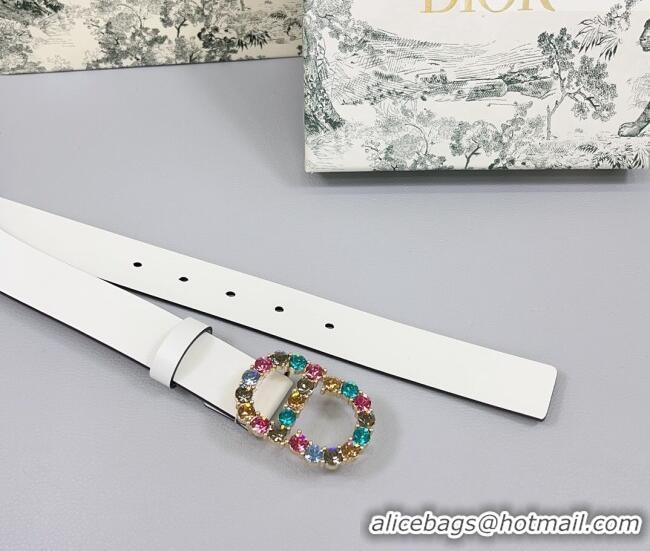 Best Quality Dior Calfskin Leather Belt 3cm with Strass CD Buckle 0108 White/Multicolor 2025
