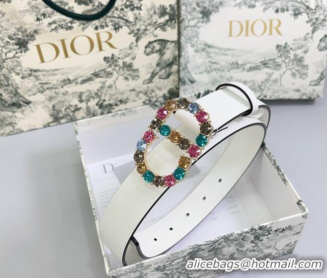Best Quality Dior Calfskin Leather Belt 3cm with Strass CD Buckle 0108 White/Multicolor 2025