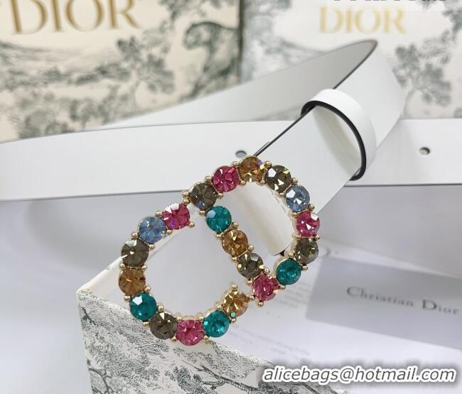 Best Quality Dior Calfskin Leather Belt 3cm with Strass CD Buckle 0108 White/Multicolor 2025