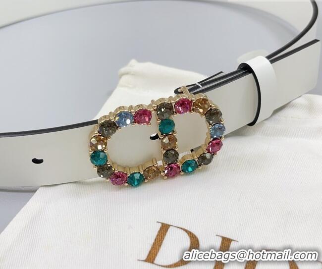 Best Quality Dior Calfskin Leather Belt 3cm with Strass CD Buckle 0108 White/Multicolor 2025