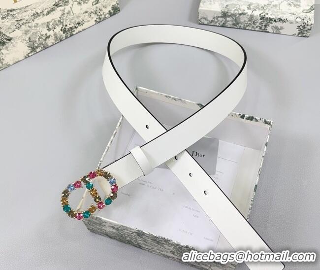 Best Quality Dior Calfskin Leather Belt 3cm with Strass CD Buckle 0108 White/Multicolor 2025