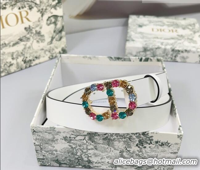 Best Quality Dior Calfskin Leather Belt 3cm with Strass CD Buckle 0108 White/Multicolor 2025