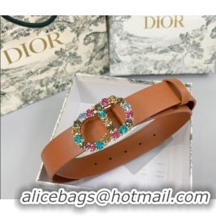 Luxury Discount Dior Calfskin Leather Belt 3cm with Strass CD Buckle 0108 Brown 2025