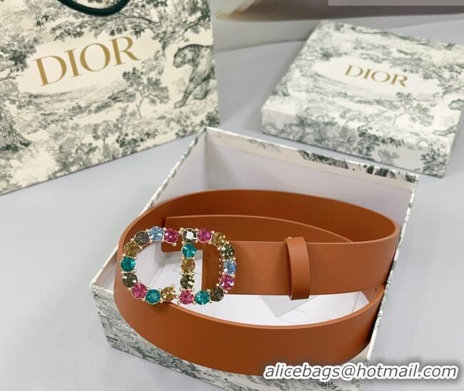 Luxury Discount Dior Calfskin Leather Belt 3cm with Strass CD Buckle 0108 Brown 2025
