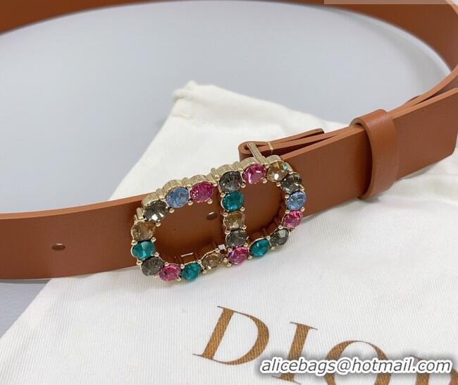 Luxury Discount Dior Calfskin Leather Belt 3cm with Strass CD Buckle 0108 Brown 2025