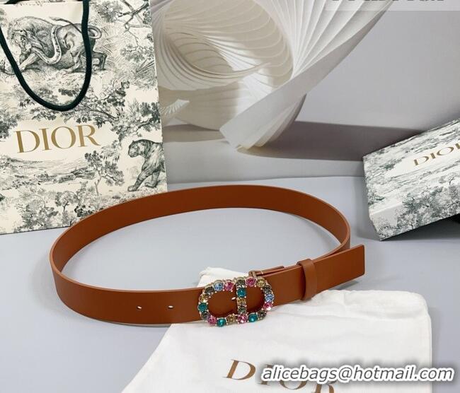 Luxury Discount Dior Calfskin Leather Belt 3cm with Strass CD Buckle 0108 Brown 2025