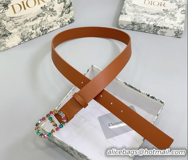 Luxury Discount Dior Calfskin Leather Belt 3cm with Strass CD Buckle 0108 Brown 2025