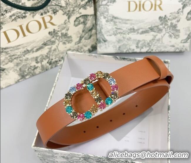 Luxury Discount Dior Calfskin Leather Belt 3cm with Strass CD Buckle 0108 Brown 2025