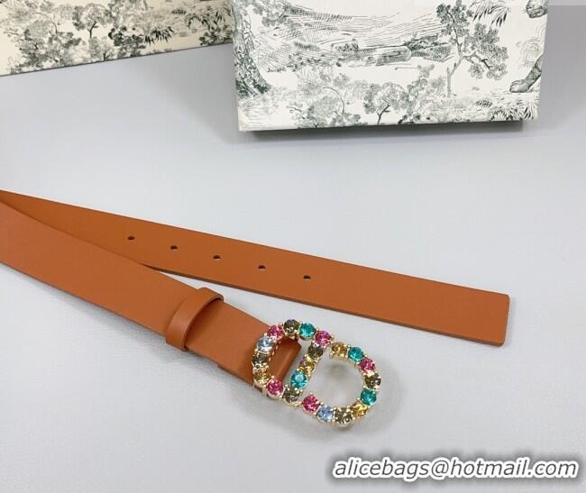 Luxury Discount Dior Calfskin Leather Belt 3cm with Strass CD Buckle 0108 Brown 2025