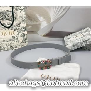 Luxury Discount Dior Calfskin Leather Belt 3cm with Strass CD Buckle 0108 Grey 2025