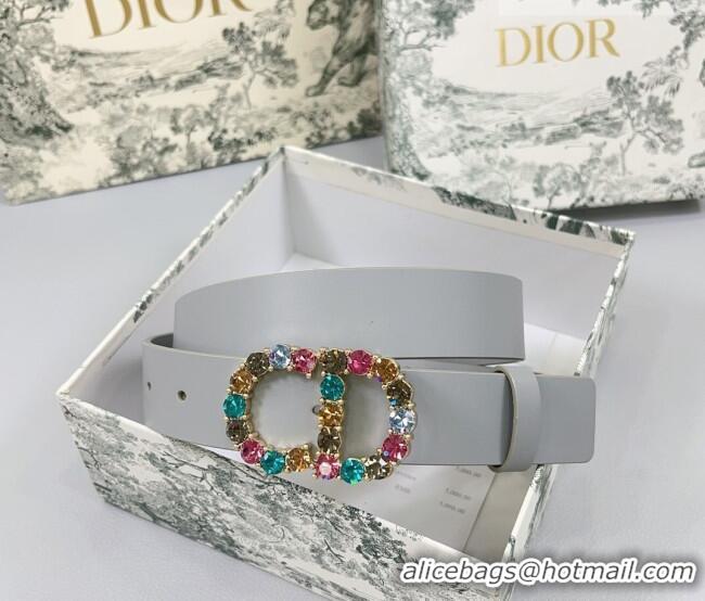 Luxury Discount Dior Calfskin Leather Belt 3cm with Strass CD Buckle 0108 Grey 2025