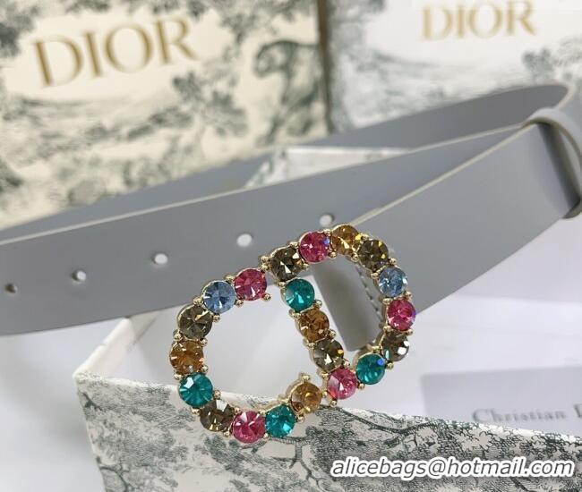 Luxury Discount Dior Calfskin Leather Belt 3cm with Strass CD Buckle 0108 Grey 2025