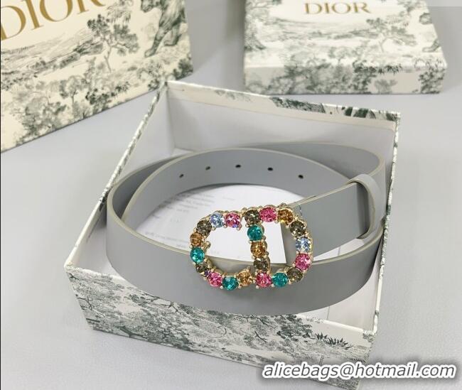 Luxury Discount Dior Calfskin Leather Belt 3cm with Strass CD Buckle 0108 Grey 2025
