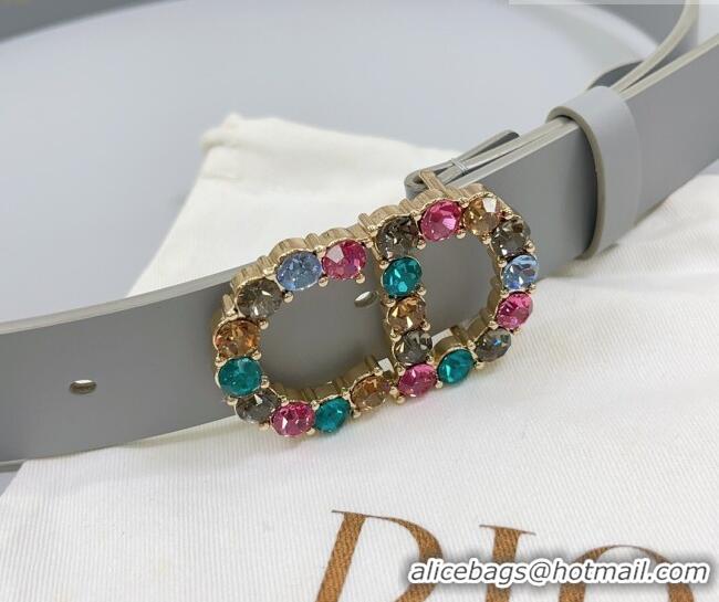 Luxury Discount Dior Calfskin Leather Belt 3cm with Strass CD Buckle 0108 Grey 2025