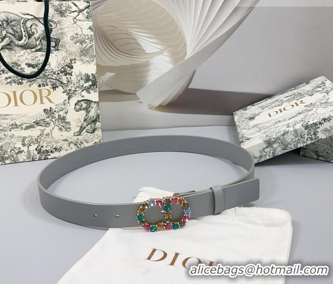 Luxury Discount Dior Calfskin Leather Belt 3cm with Strass CD Buckle 0108 Grey 2025