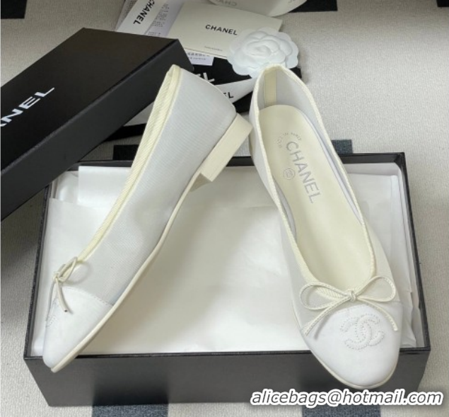 Stylish Chanel Mesh & Grosgrain Ballet Flats with Bow G02819 White 2026