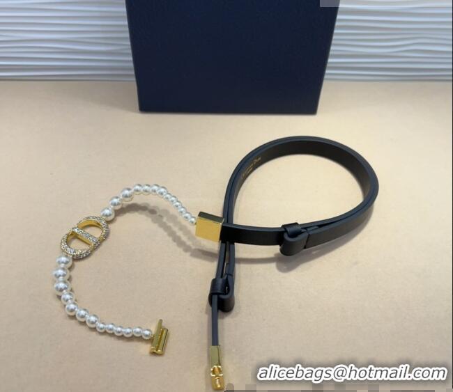 Top Grade Dior Montaigne Pearls Chain Leather Belt 1.8cm 0317 Black 2025