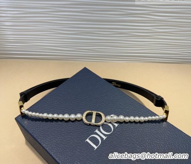 Top Grade Dior Montaigne Pearls Chain Leather Belt 1.8cm 0317 Black 2025