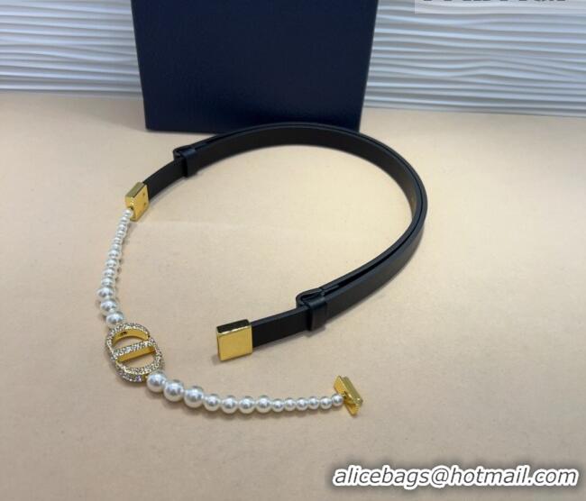Top Grade Dior Montaigne Pearls Chain Leather Belt 1.8cm 0317 Black 2025