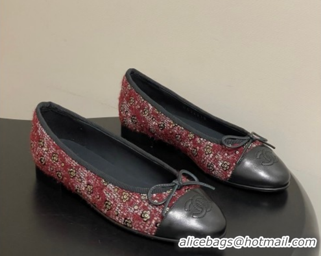 Luxurious Chanel Camellia Tweed & Lambskin Leather Ballet Flats with Bow G02819 Burgundy/Black 2026