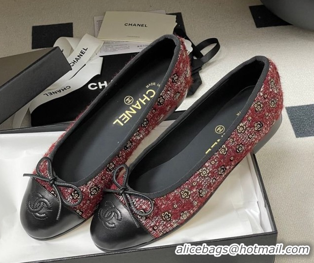 Luxurious Chanel Camellia Tweed & Lambskin Leather Ballet Flats with Bow G02819 Burgundy/Black 2026