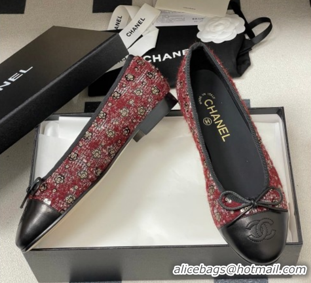 Luxurious Chanel Camellia Tweed & Lambskin Leather Ballet Flats with Bow G02819 Burgundy/Black 2026