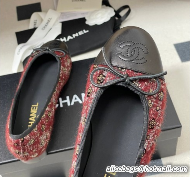 Luxurious Chanel Camellia Tweed & Lambskin Leather Ballet Flats with Bow G02819 Burgundy/Black 2026