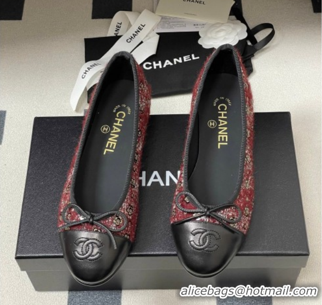 Luxurious Chanel Camellia Tweed & Lambskin Leather Ballet Flats with Bow G02819 Burgundy/Black 2026