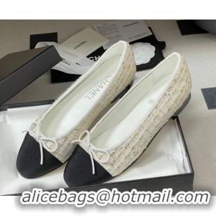 Top Grade Chanel Tweed & Grosgrain Ballet Flats with Bow G02819 White/Black/Gold 2026