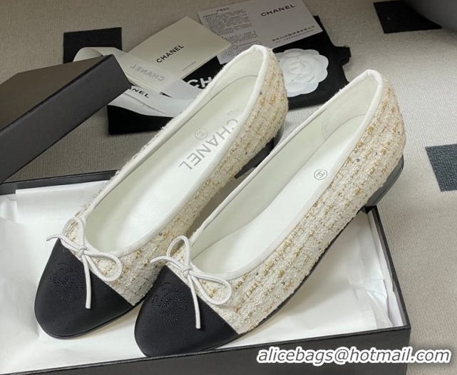 Top Grade Chanel Tweed & Grosgrain Ballet Flats with Bow G02819 White/Black/Gold 2026