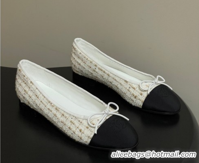 Top Grade Chanel Tweed & Grosgrain Ballet Flats with Bow G02819 White/Black/Gold 2026