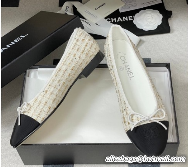 Top Grade Chanel Tweed & Grosgrain Ballet Flats with Bow G02819 White/Black/Gold 2026