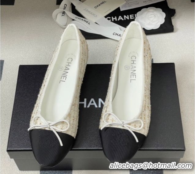 Top Grade Chanel Tweed & Grosgrain Ballet Flats with Bow G02819 White/Black/Gold 2026