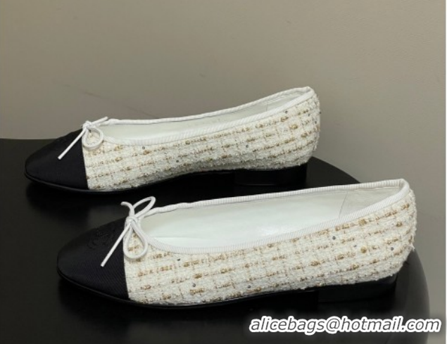 Top Grade Chanel Tweed & Grosgrain Ballet Flats with Bow G02819 White/Black/Gold 2026