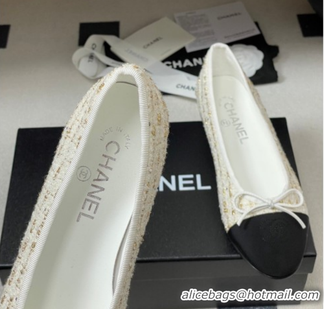 Top Grade Chanel Tweed & Grosgrain Ballet Flats with Bow G02819 White/Black/Gold 2026