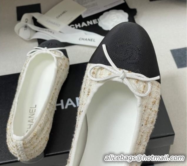 Top Grade Chanel Tweed & Grosgrain Ballet Flats with Bow G02819 White/Black/Gold 2026