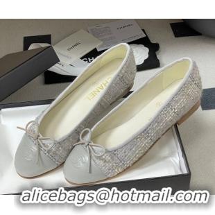 Top Design Chanel Tweed & Lambskin Leather Ballet Flats with Bow G02819 Grey 2026