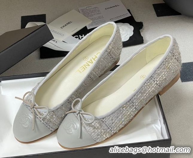 Top Design Chanel Tweed & Lambskin Leather Ballet Flats with Bow G02819 Grey 2026