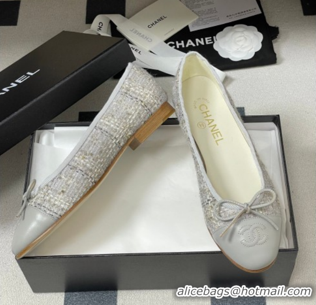 Top Design Chanel Tweed & Lambskin Leather Ballet Flats with Bow G02819 Grey 2026
