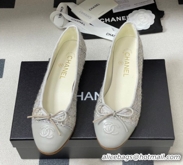 Top Design Chanel Tweed & Lambskin Leather Ballet Flats with Bow G02819 Grey 2026