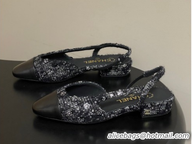Best Grade Chanel Camellia Tweed & Lambskin Leather Slingbacks Flat G31319 Black 2026