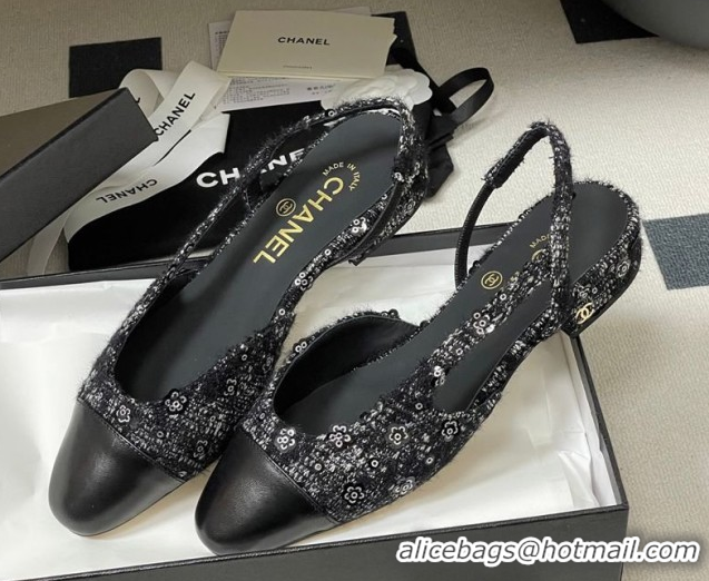 Best Grade Chanel Camellia Tweed & Lambskin Leather Slingbacks Flat G31319 Black 2026