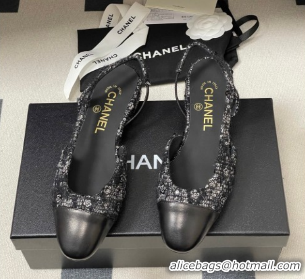 Best Grade Chanel Camellia Tweed & Lambskin Leather Slingbacks Flat G31319 Black 2026
