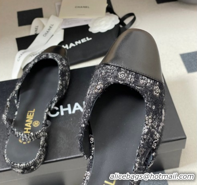 Best Grade Chanel Camellia Tweed & Lambskin Leather Slingbacks Flat G31319 Black 2026