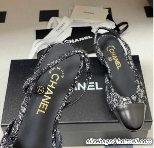 Best Grade Chanel Camellia Tweed & Lambskin Leather Slingbacks Flat G31319 Black 2026