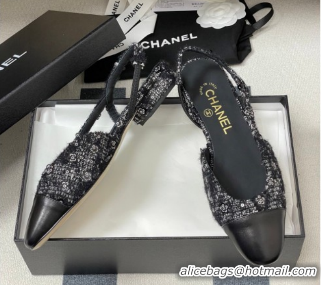 Best Grade Chanel Camellia Tweed & Lambskin Leather Slingbacks Flat G31319 Black 2026