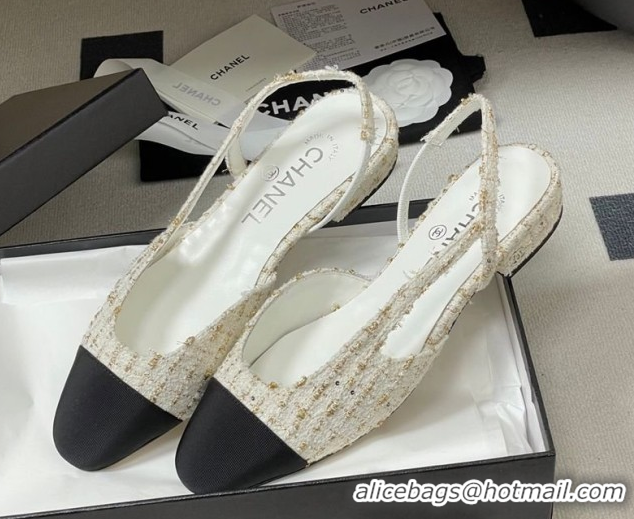 Best Product Chanel Tweed & Grosgrain Slingbacks Flat G31319 White/Black/Gold 2026