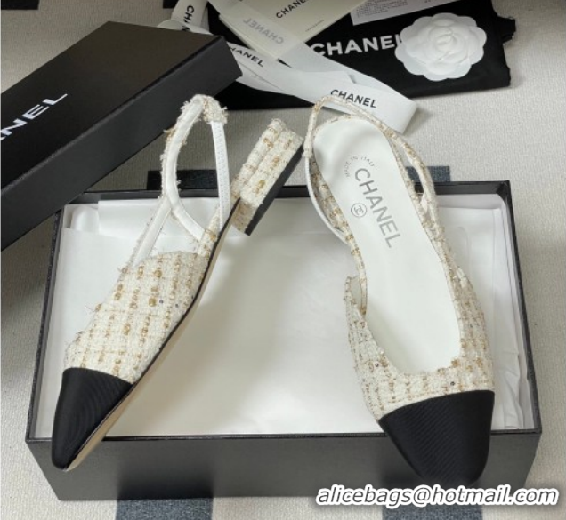 Best Product Chanel Tweed & Grosgrain Slingbacks Flat G31319 White/Black/Gold 2026